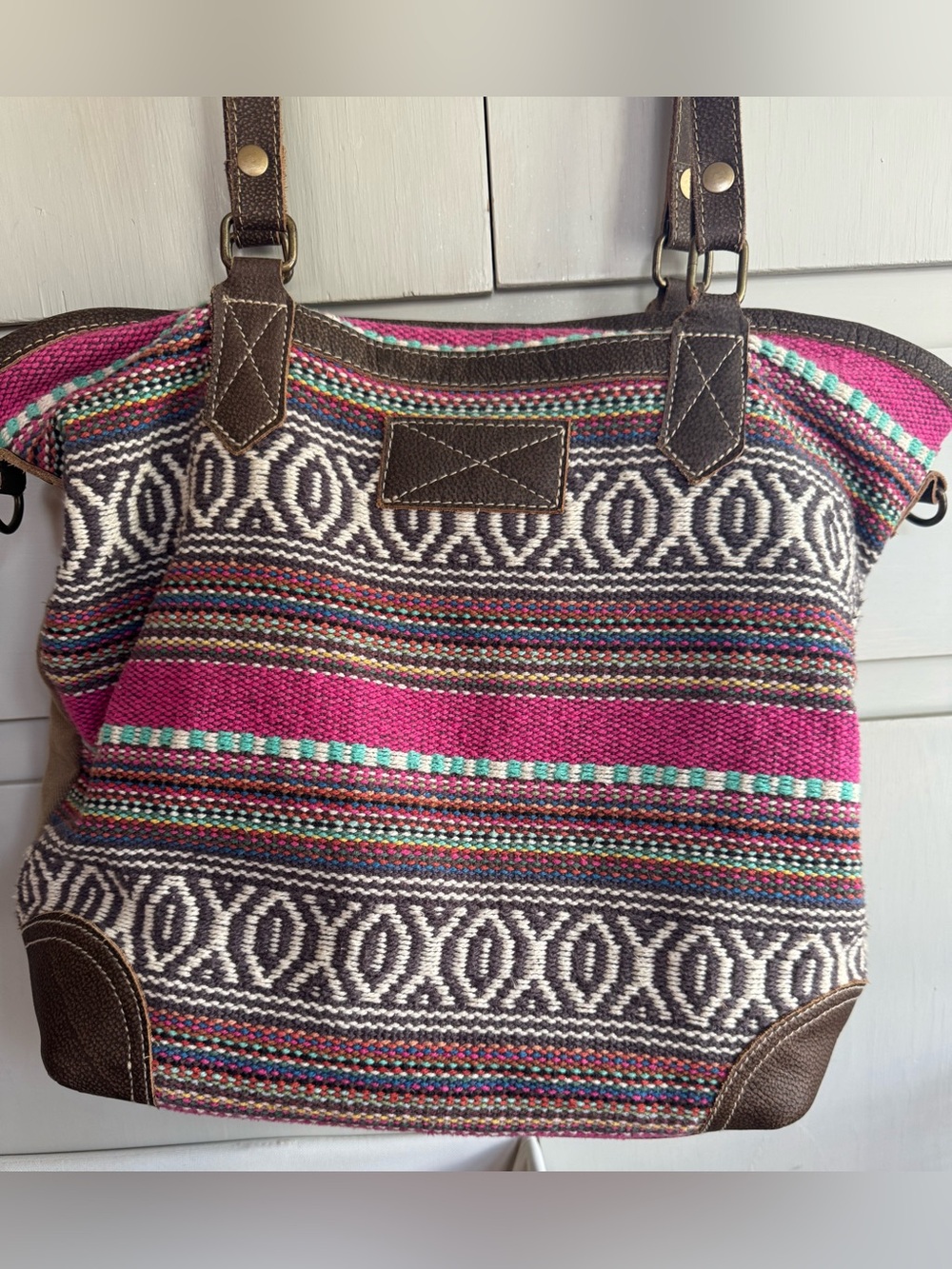 Myra Woven Stripe Tote Bag in Fuchsia and Brown
